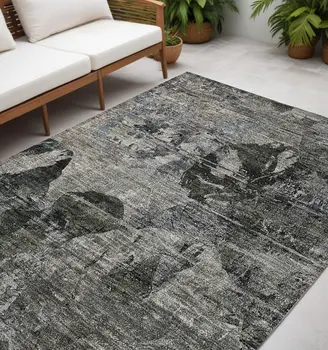 5' X 8' Gray Dark Green and Black Floral Washable Non Skid Indoor Outdoor Area Rug