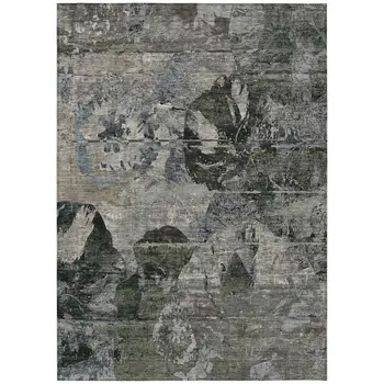 5' X 8' Gray Dark Green and Black Floral Washable Non Skid Indoor Outdoor Area Rug