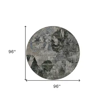 8' Gray Dark Green And Black Round Floral Washable Indoor Outdoor Area Rug
