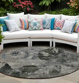 8' Gray Dark Green And Black Round Floral Washable Indoor Outdoor Area Rug