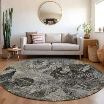 8' Gray Dark Green And Black Round Floral Washable Indoor Outdoor Area Rug