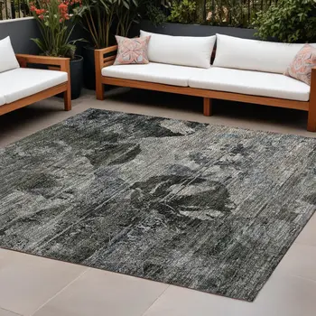 10' X 14' Gray Dark Green and Black Floral Washable Non Skid Indoor Outdoor Area Rug