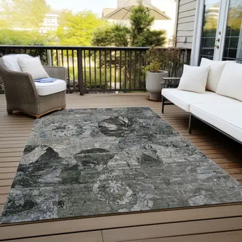 10' X 14' Gray Dark Green and Black Floral Washable Non Skid Indoor Outdoor Area Rug