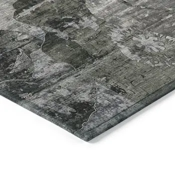 10' X 14' Gray Dark Green and Black Floral Washable Non Skid Indoor Outdoor Area Rug