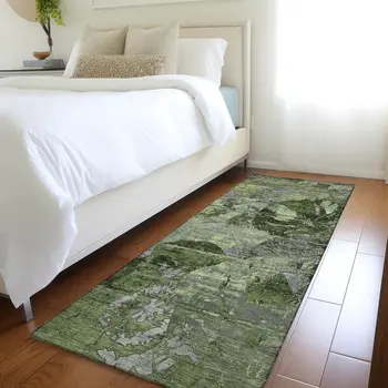 2' X 8' Green and Gray Abstract Washable Indoor Outdoor Runner Rug
