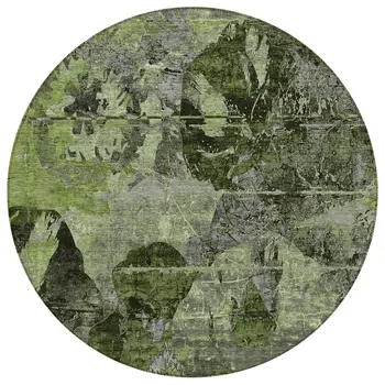 8' Round Green and Gray Round Floral Washable Non Skid Indoor Outdoor Area Rug