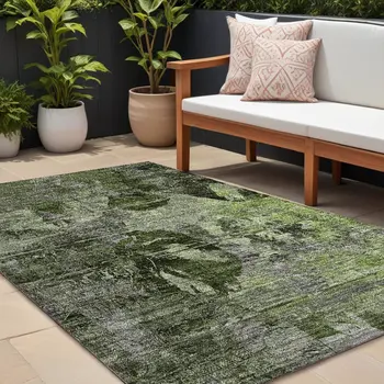 10' X 14' Green and Gray Floral Washable Non Skid Indoor Outdoor Area Rug