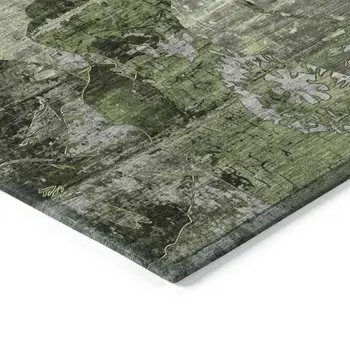 10' X 14' Green and Gray Floral Washable Non Skid Indoor Outdoor Area Rug