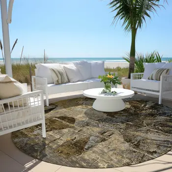 8' Round Brown Terracotta and Gray Round Floral Washable Non Skid Indoor Outdoor Area Rug