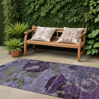 2' X 8' Purple and Green Abstract Washable Indoor Outdoor Runner Rug