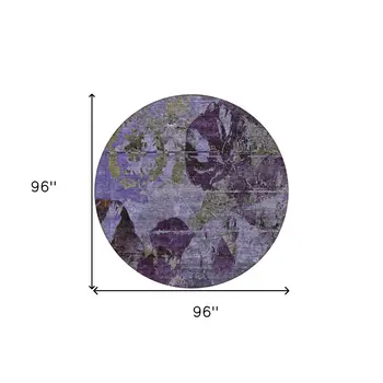 8' Round Purple and Green Round Floral Washable Non Skid Indoor Outdoor Area Rug