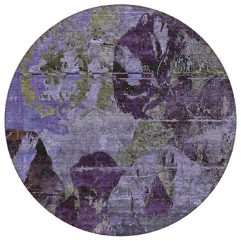 8' Round Purple and Green Round Floral Washable Non Skid Indoor Outdoor Area Rug
