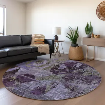 8' Round Purple and Green Round Floral Washable Non Skid Indoor Outdoor Area Rug