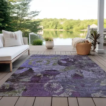 10' X 14' Purple and Green Floral Washable Non Skid Indoor Outdoor Area Rug