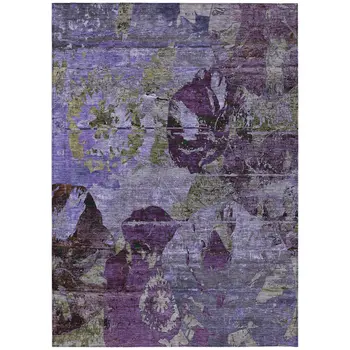 10' X 14' Purple and Green Floral Washable Non Skid Indoor Outdoor Area Rug