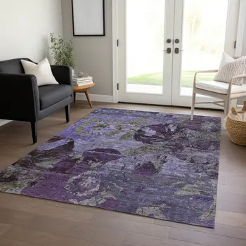10' X 14' Purple and Green Floral Washable Non Skid Indoor Outdoor Area Rug