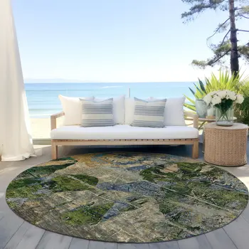 8' Round Taupe Blue and Green Round Floral Washable Non Skid Indoor Outdoor Area Rug