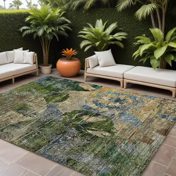 10' X 14' Taupe Blue And Green Floral Washable Indoor Outdoor Area Rug