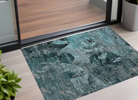 2' X 3' Teal and Gray Floral Washable Non Skid Indoor Outdoor Area Rug