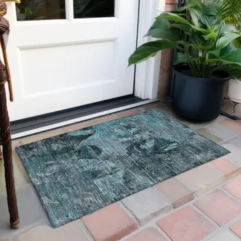 2' X 3' Teal and Gray Floral Washable Non Skid Indoor Outdoor Area Rug