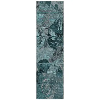 2' X 8' Teal and Gray Abstract Washable Indoor Outdoor Runner Rug