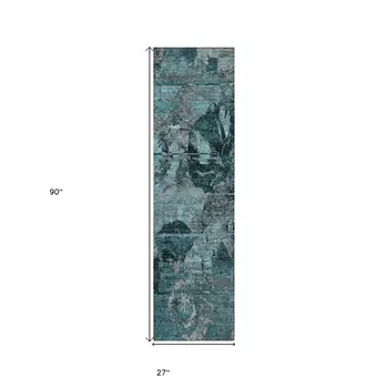 2' X 8' Teal and Gray Abstract Washable Indoor Outdoor Runner Rug