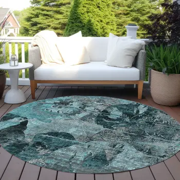 8' Round Teal and Gray Round Floral Washable Non Skid Indoor Outdoor Area Rug