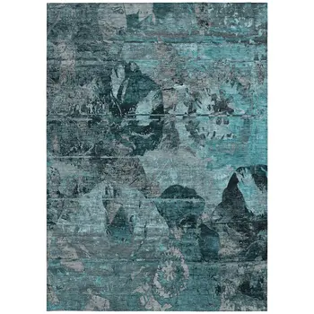 9' X 12' Teal Blue And Gray Floral Washable Indoor Outdoor Area Rug