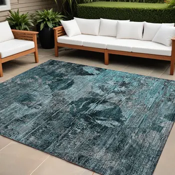 9' X 12' Teal Blue And Gray Floral Washable Indoor Outdoor Area Rug