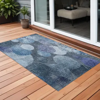 2' X 3' Gray and Blue Abstract Washable Non Skid Indoor Outdoor Area Rug
