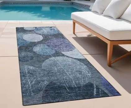 8' Gray And Blue Abstract Washable Indoor Outdoor Runner Rug