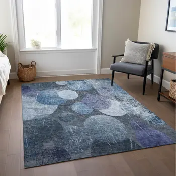 9' X 12' Gray And Blue Abstract Washable Indoor Outdoor Area Rug