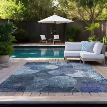9' X 12' Gray And Blue Abstract Washable Indoor Outdoor Area Rug