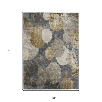 5' X 8' Brown Beige and Ivory Abstract Washable Non Skid Indoor Outdoor Area Rug