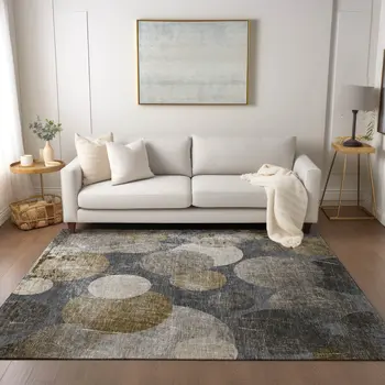 5' X 8' Brown Beige and Ivory Abstract Washable Non Skid Indoor Outdoor Area Rug