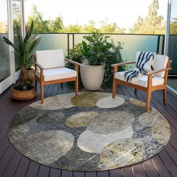 8' X 8' Brown Beige and Ivory Round Abstract Washable Non Skid Indoor Outdoor Area Rug