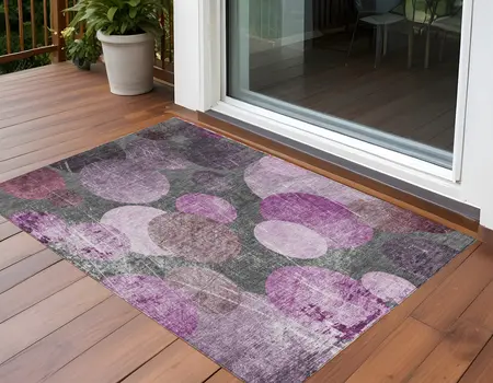 2' X 3' Gray and Purple Abstract Washable Non Skid Indoor Outdoor Area Rug