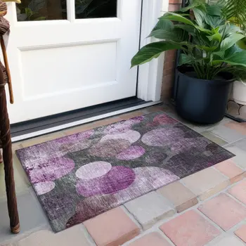 2' X 3' Gray and Purple Abstract Washable Non Skid Indoor Outdoor Area Rug