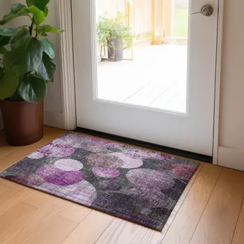 2' X 3' Gray and Purple Abstract Washable Non Skid Indoor Outdoor Area Rug