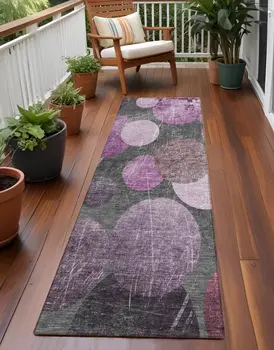 2' X 8' Gray and Purple Abstract Washable Non Skid Indoor Outdoor Runner Rug
