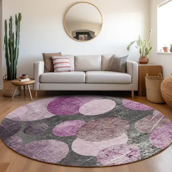 8' X 8' Gray and Purple Round Abstract Washable Non Skid Indoor Outdoor Area Rug