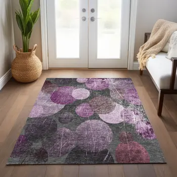 8' X 10' Gray and Purple Abstract Washable Non Skid Indoor Outdoor Area Rug