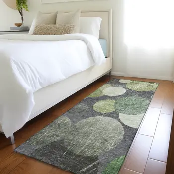 2' X 8' Green and Gray Abstract Washable Non Skid Indoor Outdoor Runner Rug