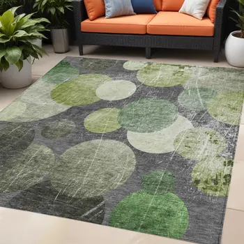 5' X 8' Green and Gray Abstract Washable Non Skid Indoor Outdoor Area Rug