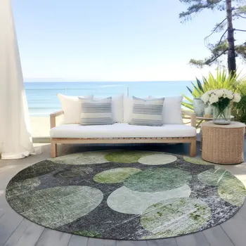 8' X 8' Green and Gray Round Abstract Washable Non Skid Indoor Outdoor Area Rug