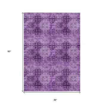 3' X 5' Eggplant Floral Medallion Washable Non Skid Indoor Outdoor Area Rug
