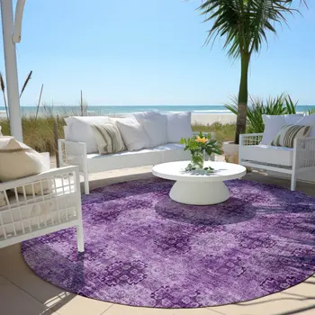 8' Round Eggplant Round Floral Medallion Washable Non Skid Indoor Outdoor Area Rug