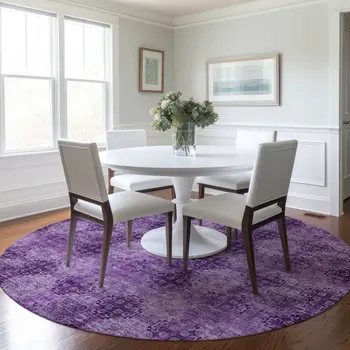 8' Round Eggplant Round Floral Medallion Washable Non Skid Indoor Outdoor Area Rug