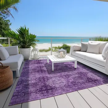 8' X 10' Eggplant Floral Medallion Washable Non Skid Indoor Outdoor Area Rug
