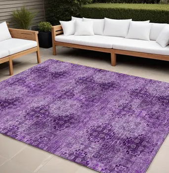 10' X 14' Eggplant Floral Medallion Washable Non Skid Indoor Outdoor Area Rug